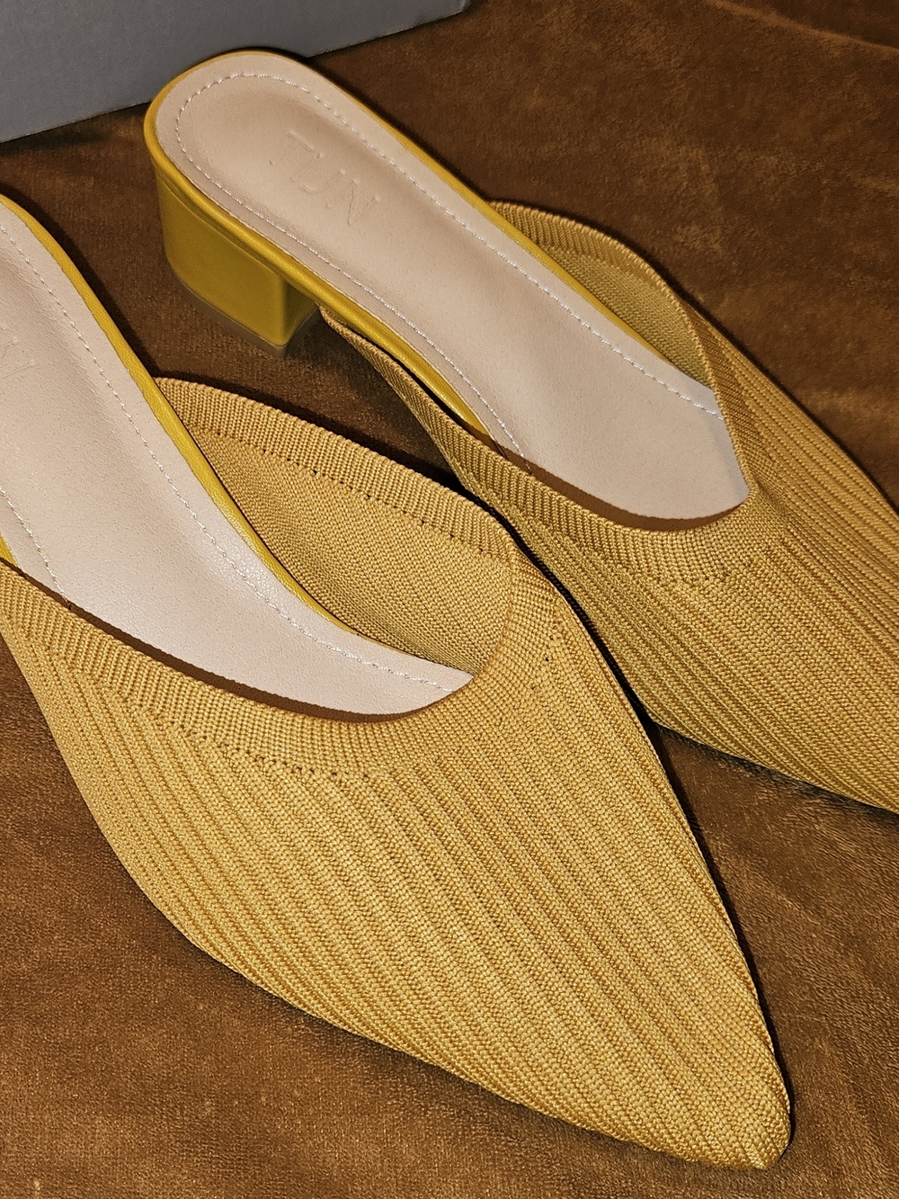 Pointed Knit Slip-On Mule Heels in Mustard Yellow